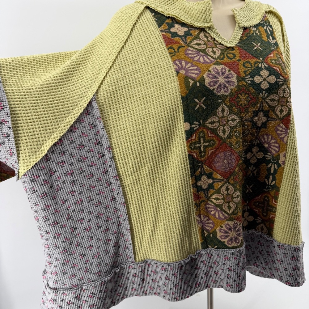 POL Pullover Top Women's Oversized Patchwork Boho CottageCore Thermal Knit Small